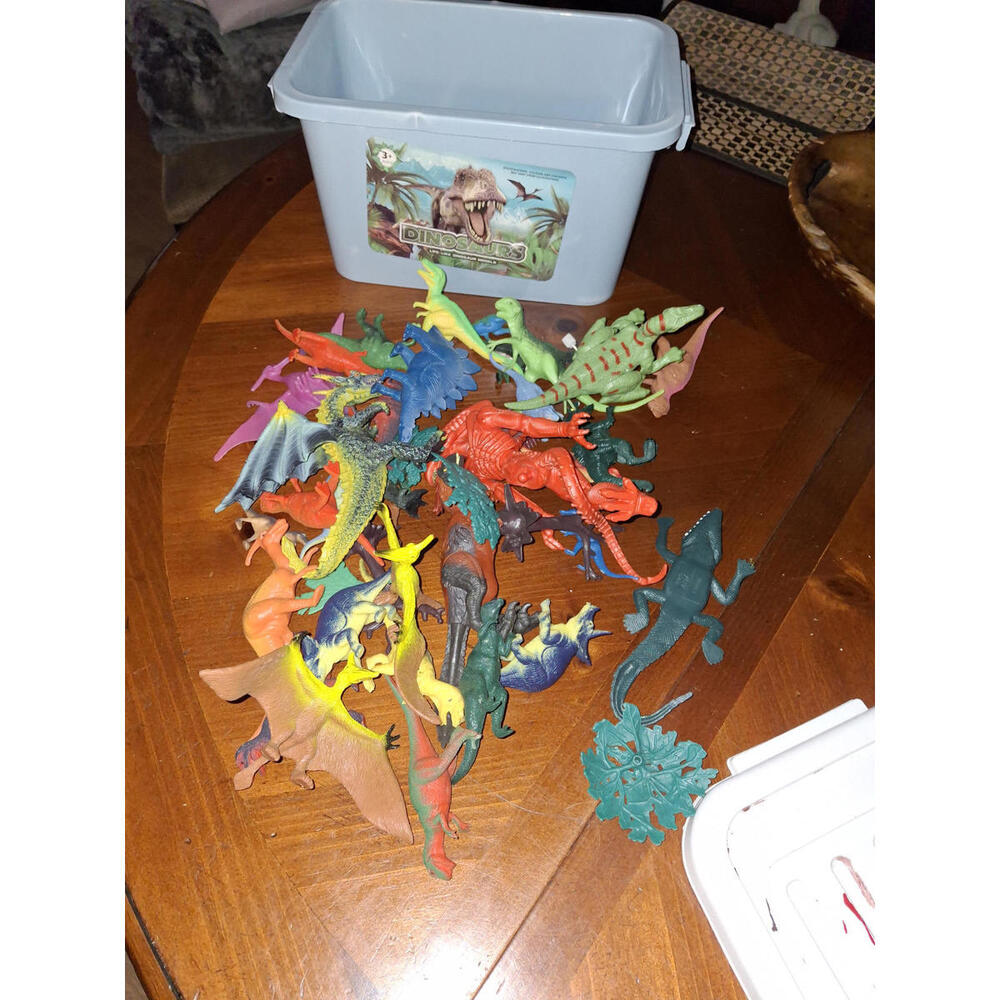 Assorted Plastic Dinosaur and Prehistoric Creature Toy Set with Storage Bin